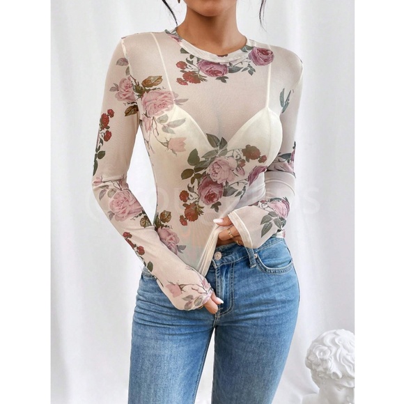 White Floral Print Mesh Sheer Shirt Top Long Sleeve See-Through, Transparent - Picture 2 of 7